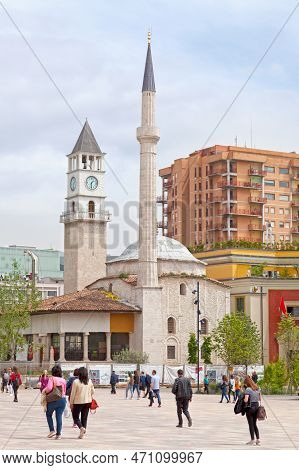 Tirana, Albania - April 24 2019: The Et'hem Bey Mosque And The Clock Tower Of Tirana Both Built In 1