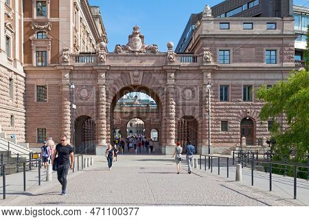 Stockholm, Sweden - June 22 2019: Arch On Riksgatan Allowing To Pass Through The Helgeandsholmen (a 
