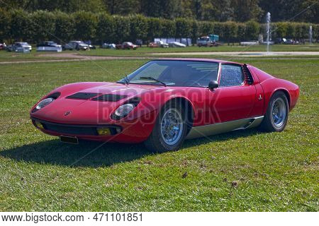 Chantilly, France - September 03 2016: Red Lamborghini Miura P400 Powered By A Version Of The 3.9 L 