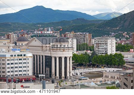 Skopje, North Mecedonia - May 20 2019: The Archaeological Museum Of Macedonia Opposite The Bridge Of
