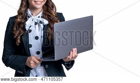 Cropped View Of Teen School Girl Estudy In Studio. Teen School Girl Estudy On Laptop.