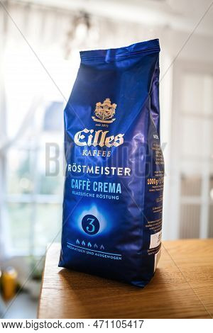 Paris, France - Feb 8, 2023: Eilles Kaffee Rostmeister Cafe Crema 1000 Grams In Beans Blue Pack On A