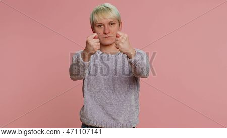 Angry Aggressive Woman Showing Fig Negative Gesture, You Dont Get It Anyway. Rapacious, Avaricious A