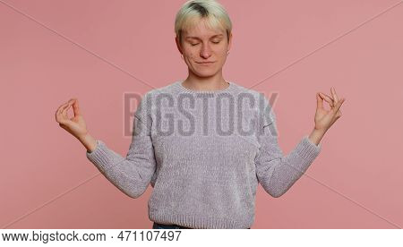 Keep Calm Down, Relax, Inner Balance. Woman With Short Hair Breathes Deeply With Mudra Gesture, Eyes