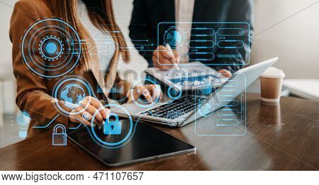 Cyber Security Data Protection Business Working On Compute Intelligenc Digital Tablet Global Network