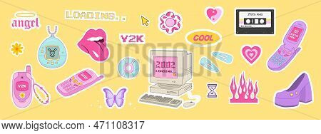 Y2k Icons Set. Vintage Old Phone, Computer, Flame, Stickers. 2000s. Vector