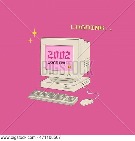 Vintage Old Computer. Y2k Computer, Hand Drawn Doodle. Vector