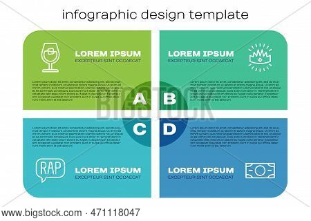 Set Line Rap Music, Wine Glass, Stacks Paper Money Cash And King Crown. Business Infographic Templat
