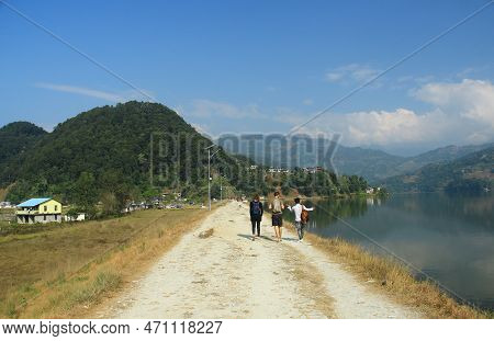 Pokhara, Nepal - November 23, 2017 : Tourists And Local People Travel And Ride The Boat At Begnas La