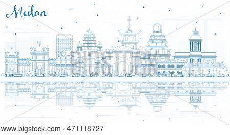 Outline Medan Indonesia City Skyline With Blue Buildings And Reflections. Vector Illustration. Busin