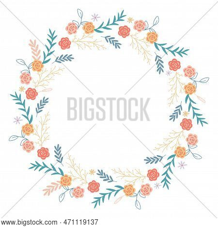 Flower Frame For Postcards Or Invitation. Spring And Summer Flowers And Herbs Of Circular Rim. Delic