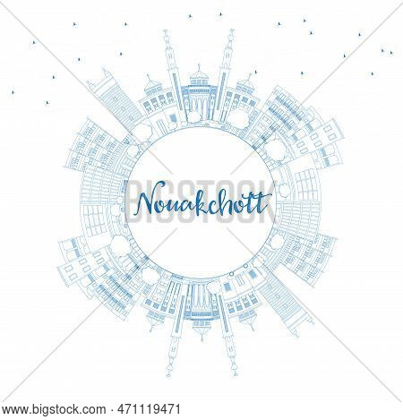 Outline Nouakchott Mauritania City Skyline With Blue Buildings And Copy Space. Vector Illustration. 