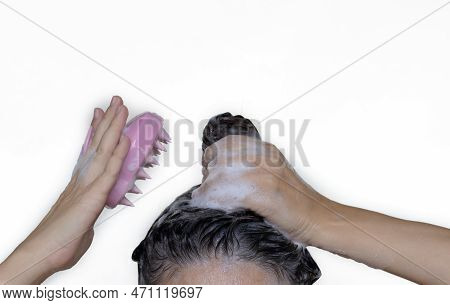 Woman Using Pink Scalp Massager Shampoo Brush With Silicone, Flexible Bristels