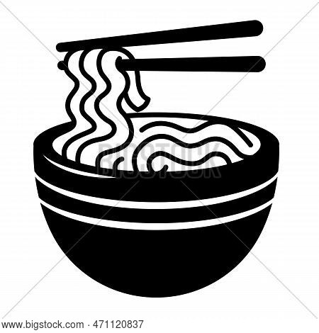 Chopsticks Symbol Scoops Noodles In A Bowl. Illustration Black Nooddle On White Background.