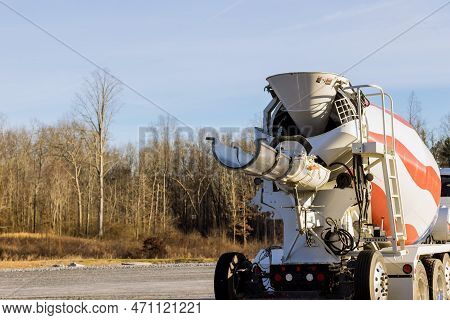 In Construction Site Special Concrete Transport Mixing Truck Is Delivered Ready To Outpour Concrete 
