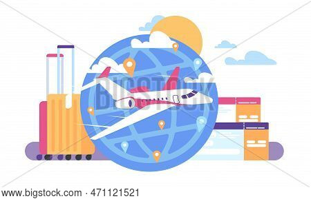 Airplane Trip. Travel By Aircraft. Baggage And Tour Tickets. Plane With Passengers Flying Around Glo