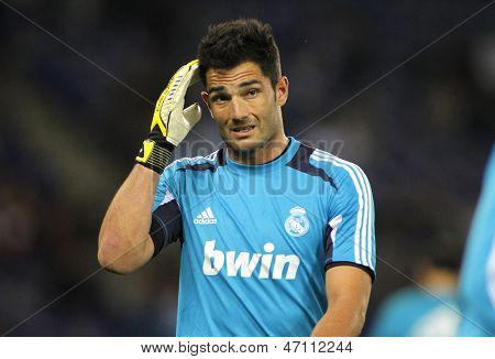 BARCELONA - MAY, 11: Antonio Adan of Real Madrid before the Spanish League match between Espanyol and Real Madrid at the Estadi Cornella on May 11, 2013 in Barcelona, Spain
