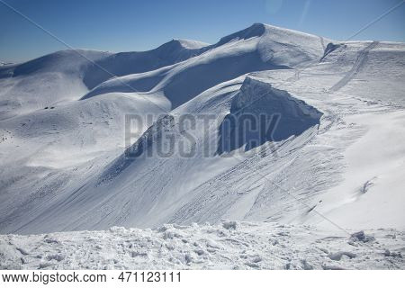 White Winter Covered With Snow Mountain Peaks, Drahobrat Ski Resort. Extreme Outdoor Sports Concept 
