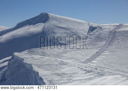 White Winter Covered With Snow Mountain Peaks, Drahobrat Ski Resort. Extreme Outdoor Sports Concept 