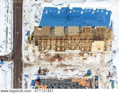 Aerial Drone View Of A Multifamily Apartment Complex Under Construction.