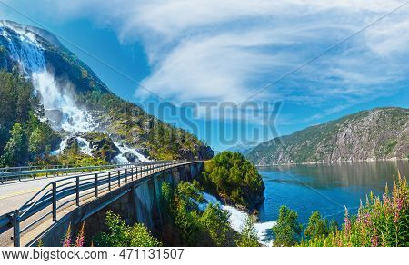 Summer Mountain Langfossen Waterfall On Slope (etne, Norway).