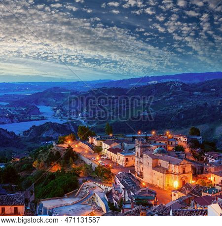 Sunrise Old Medieval Stilo Famos Calabria Village View, Southern Italy.