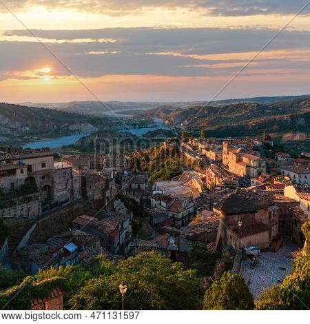 Sunrise Old Medieval Stilo Famos Calabria Village View, Southern Italy.