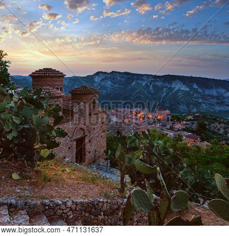 Sunrise Old Medieval Stilo Famos Calabria Village View, Southern Italy.