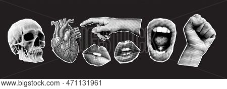 Retro Halftone Collage Elements For Mixed Media Design. Mouth, Skull, Heart, Hand In Halftone Textur