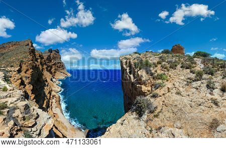 Summer Mediterranean Sea Red Soil Coast Landscape And Watchtower Ruins Near Benidorm City (costa Bla
