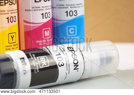 Four Bottles Of Ink Epson, Yellow, Red, Blue, Black, Built-in To The Epson L3150 Series Printer.