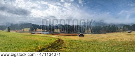 Alpine  Lake Geroldsee Or Wagenbruchsee, Bavaria, Germany. Autumn Overcast, Foggy And Drizzle Day. P
