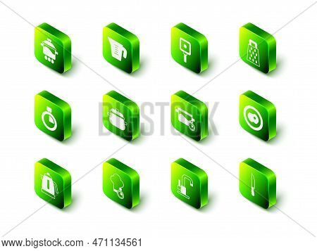 Set Measuring Cup, Frying Pan, Grater, Scrambled Eggs, Knife, Cooking Pot, Water Tap And Chef Hat Ic