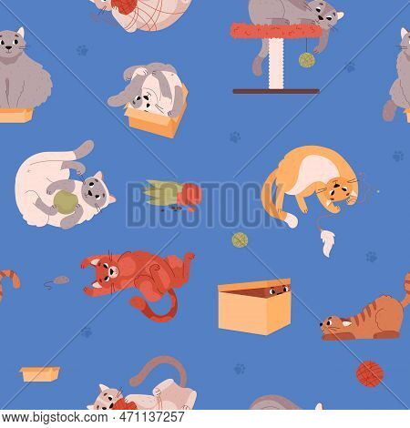 Seamless Pattern With Funny Playing Cats On Blue Flat Vector Illustration.