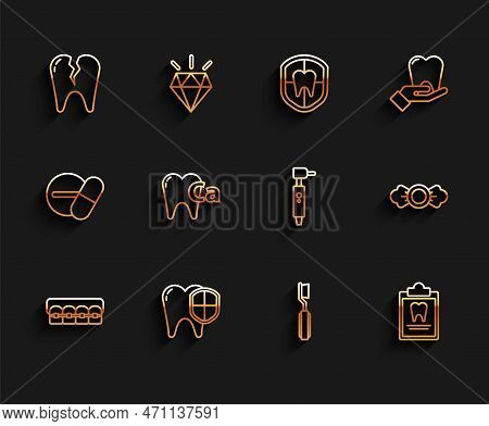 Set Line Teeth With Braces, Dental Protection, Broken Tooth, Toothbrush, Clipboard Dental Card, Calc