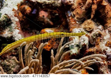 Digitally Created Watercolor Painting Of Yellow Trumpetfish On A Tropical Coral Reef