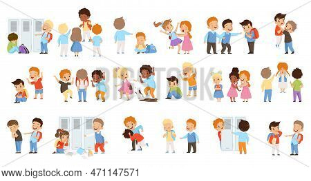 Kids Bullying Weakers Big Set. Boys And Girls Mocking Classmates, Conflicts Between Children Cartoon