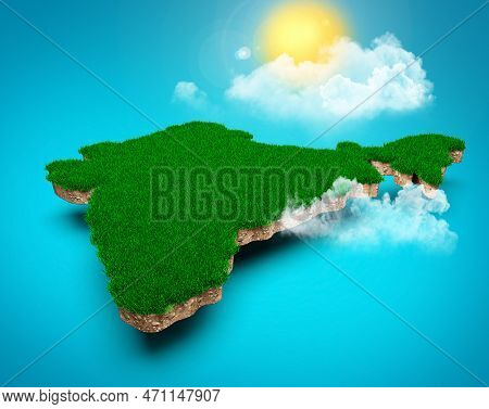 India Map, Realistic 3d Map Of Indian Clouds Tree Sun Rays On Bright Blue Sky 3d Illustration
