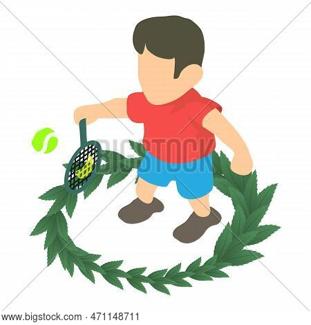 Tennis Player Icon Isometric Vector. Man Athlete With Racket And Winner Wreath. Competition, Sport C