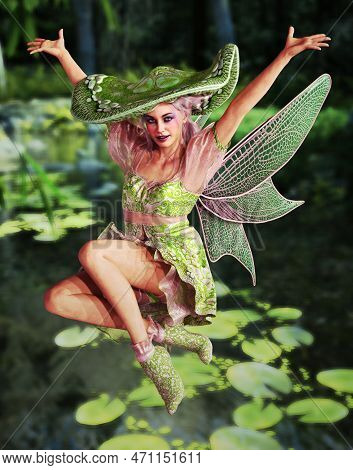 3d Computer Graphics Of A Cheerful Fairy With A Mushroom Hat  (not Ai Generated)