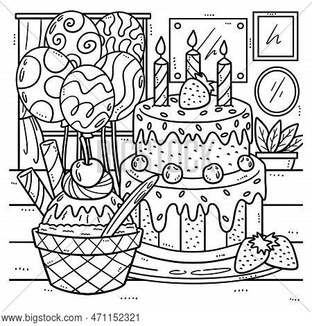 A Cute And Funny Coloring Page Of Birthday Cake With Ice Cream. Provides Hours Of Coloring Fun For C