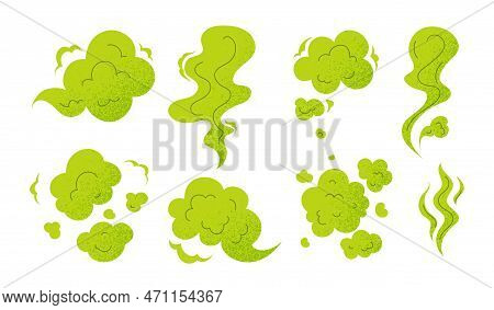Stinky Clouds Set. Collection Of Graphic Elements For Website. Green Fart And Steam Chemicals Smoke.