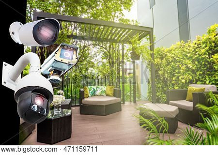 Multi-angle Cctv System On Condos, Corridors, Residential Houses, Blurred Background Poles, Backgrou