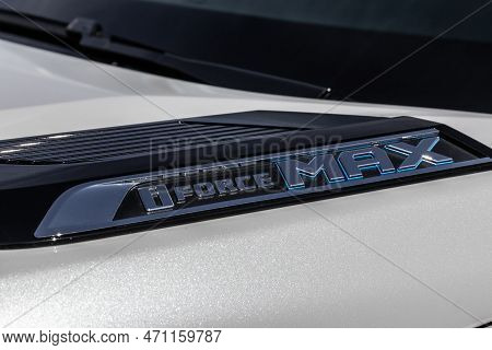 Indianapolis - Circa February 2023: Toyota Tundra I-force Max Engine Badge. The Toyota I-force Max E
