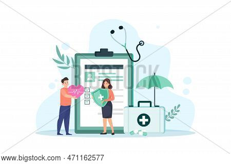 Health Care And Life Insurance Concept. Doctor And Family People Medical Exam With Big Clipboard Doc