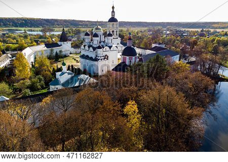 Colorful Aerial View Of The Ancient Pafnutiy-borovsky Monastery Surrounded By Autumn Nature. Borovsk
