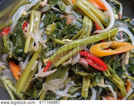Stir Fried Water Spinach, Cah Kangkung Or Tumis Kangkung, Indonesian Traditional Food.