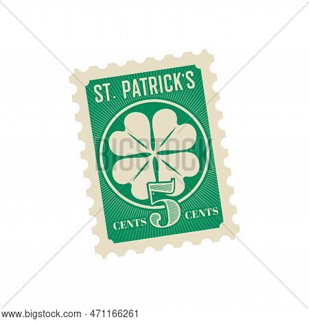 Saint Patrick Day Antique Postcard, Mail Retro Postage Stamp. Irish National Holiday Greeting Card, 
