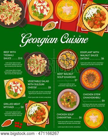 Georgian Cuisine Restaurant Meals Menu. Eggplant With Sauce Satsivi, Meat Mtsvadi, Beef Kharcho And 