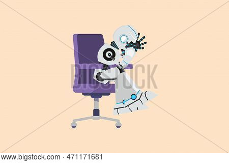 Business Flat Drawing Depressed Robot Holding His Head Sitting Alone On The Chair. Regret On Busines